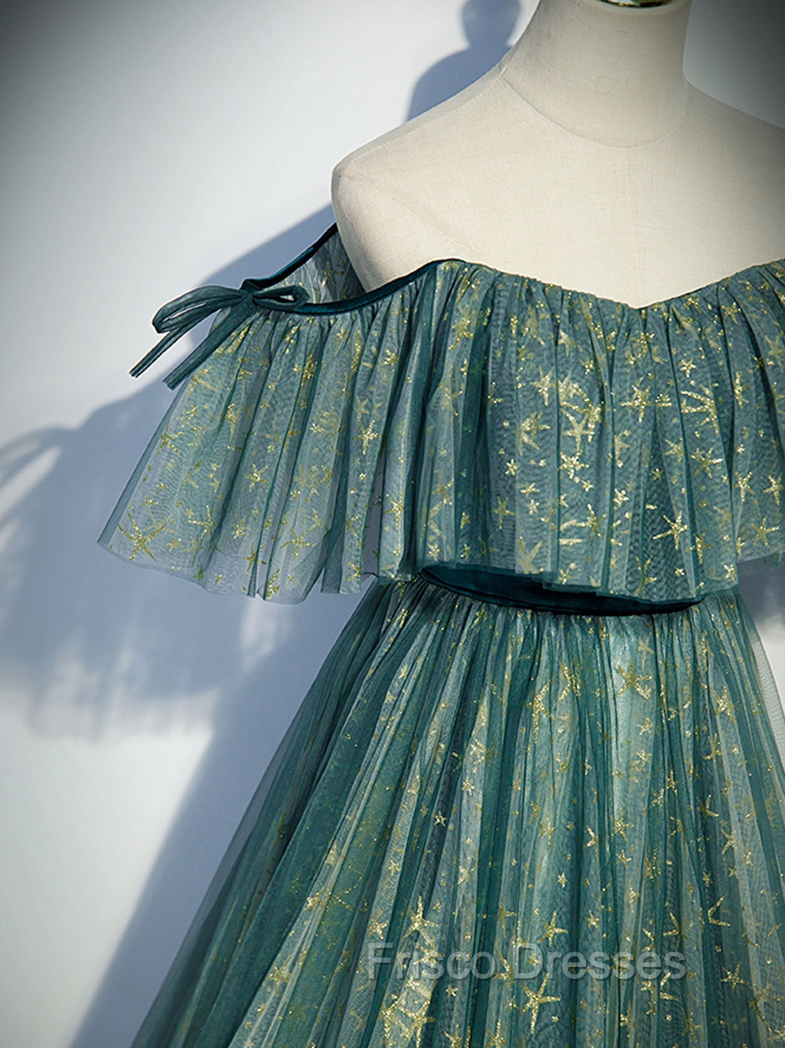 Green A line Tulle Long Formal Prom Dress, Green Graduation Dress