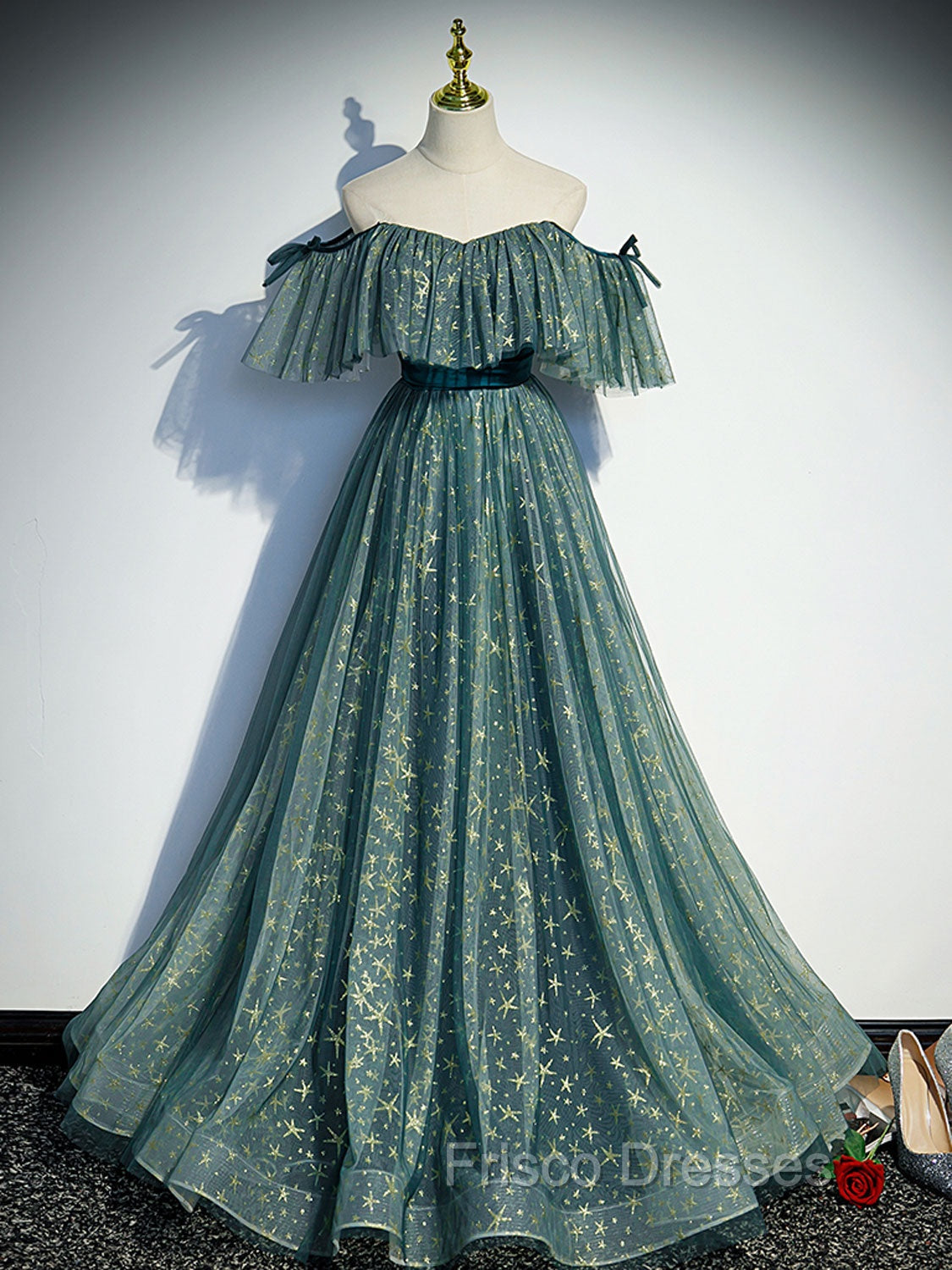 Green A line Tulle Long Formal Prom Dress, Green Graduation Dress Secondary image