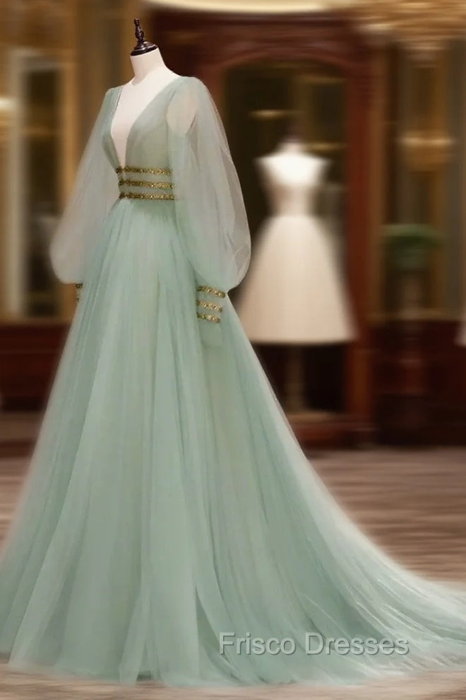 Green A-line Tulle New Formal Prom Dress Long Sleeves Green Party Dress Formal Prom Dress shops Main image