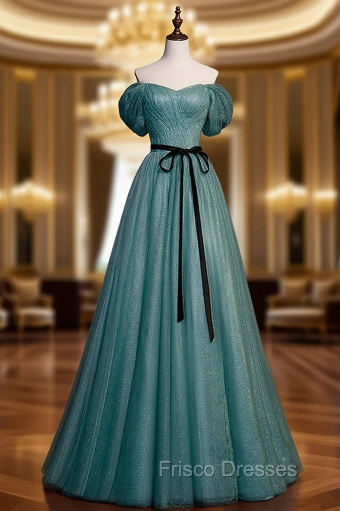 Green A line Tulle Sequin Long Formal Prom Dress, Green Tulle Graduation Dress