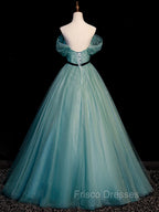Green A line Tulle Sequin Long Formal Prom Dress, Green Tulle Graduation Dress