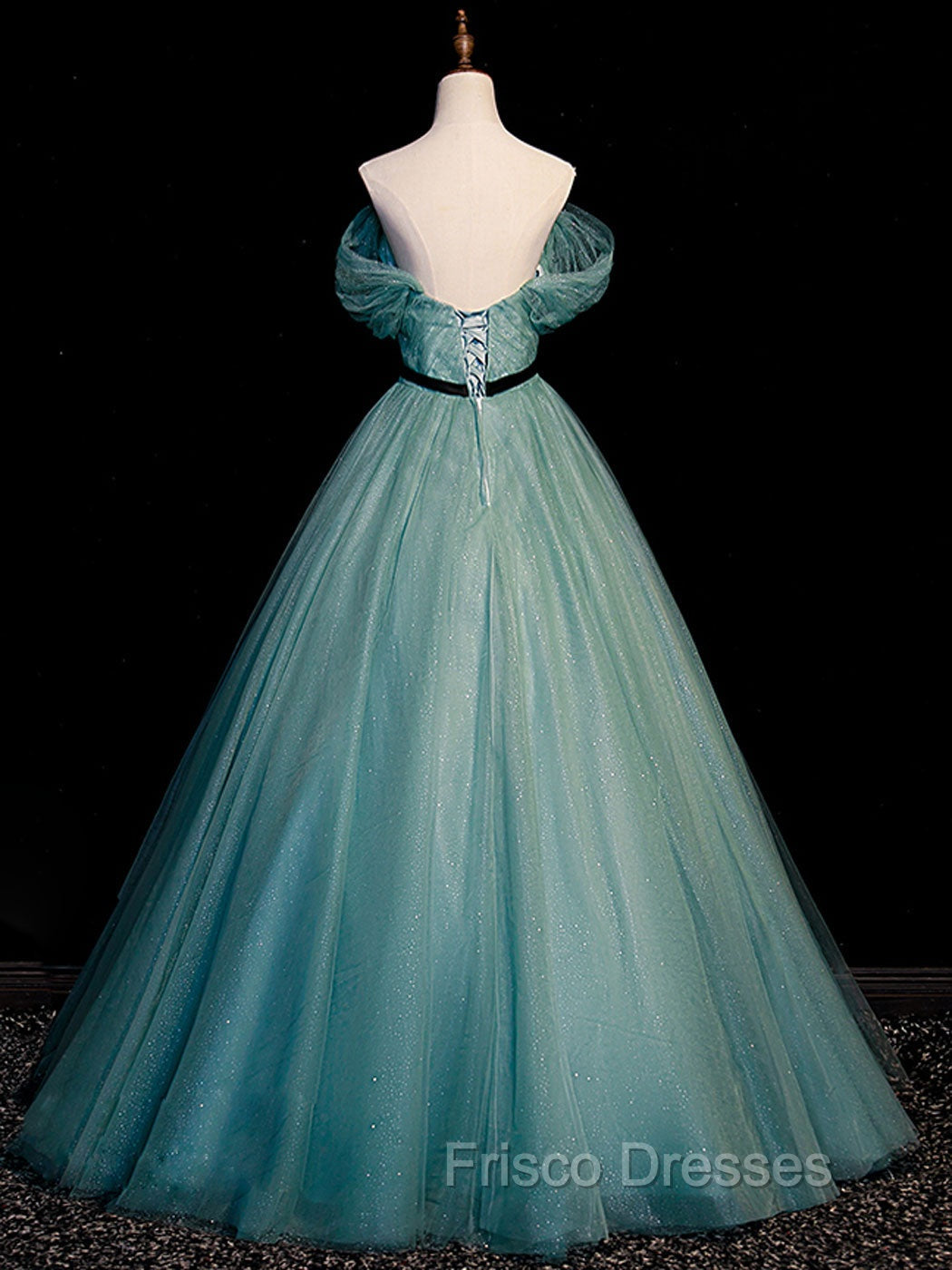 Green A line Tulle Sequin Long Formal Prom Dress, Green Tulle Graduation Dress
