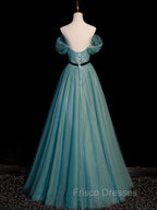 Green A line Tulle Sequin Long Formal Prom Dress, Green Tulle Graduation Dress