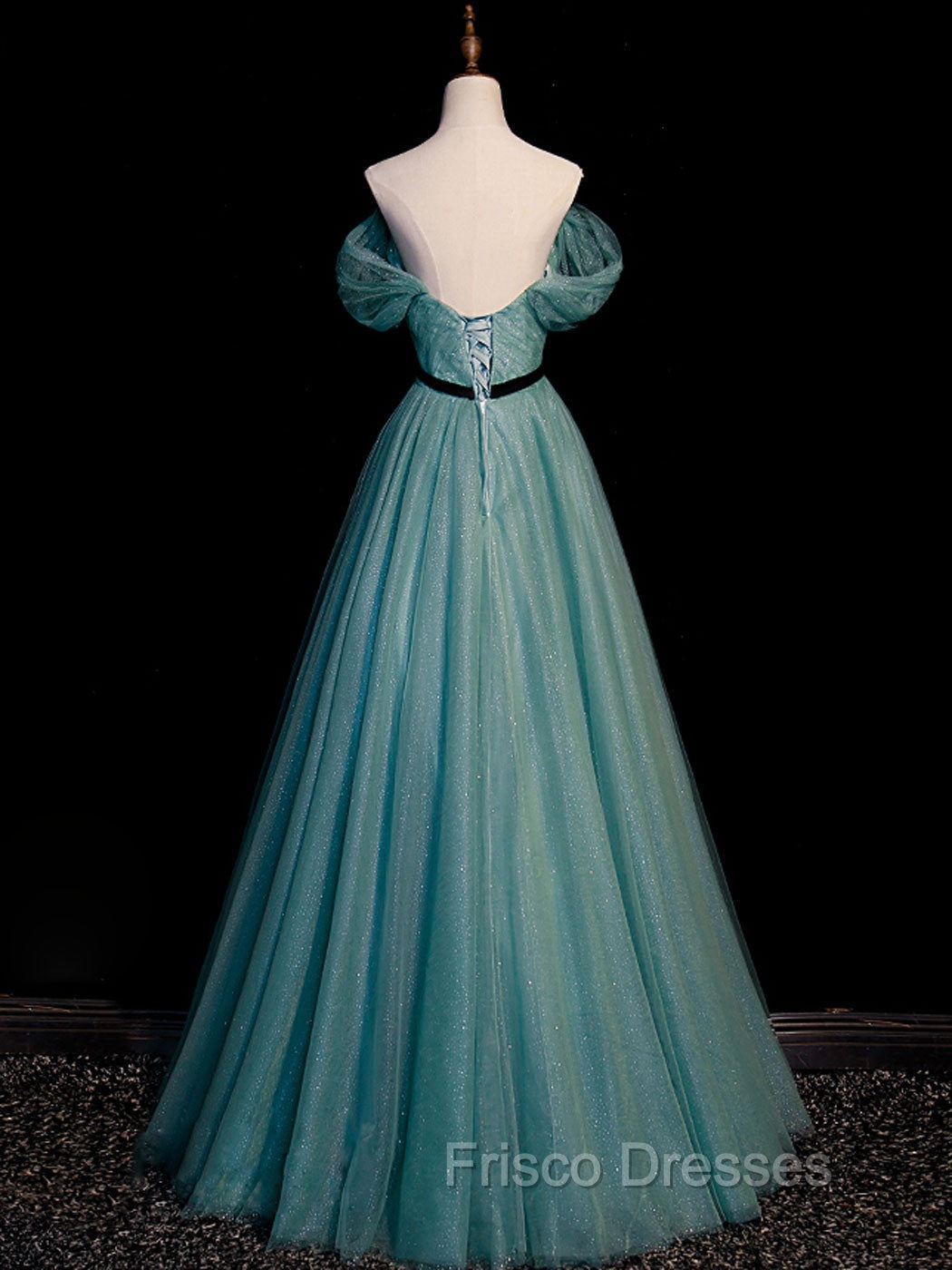 Green A line Tulle Sequin Long Formal Prom Dress, Green Tulle Graduation Dress