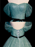 Green A line Tulle Sequin Long Formal Prom Dress, Green Tulle Graduation Dress