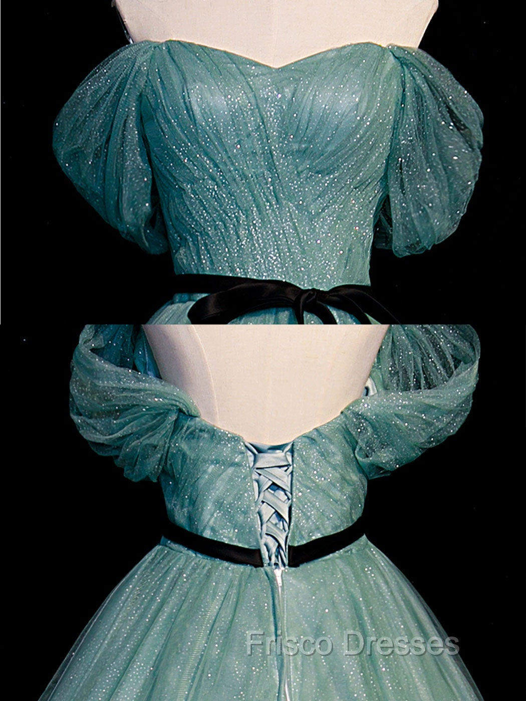 Green A line Tulle Sequin Long Formal Prom Dress, Green Tulle Graduation Dress