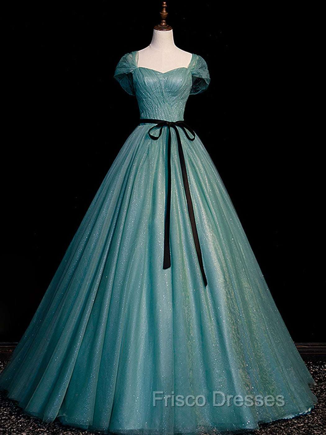 Green A line Tulle Sequin Long Formal Prom Dress, Green Tulle Graduation Dress Secondary image
