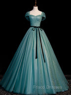 Green A line Tulle Sequin Long Formal Prom Dress, Green Tulle Graduation Dress