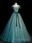 Green A line Tulle Sequin Long Formal Prom Dress, Green Tulle Graduation Dress