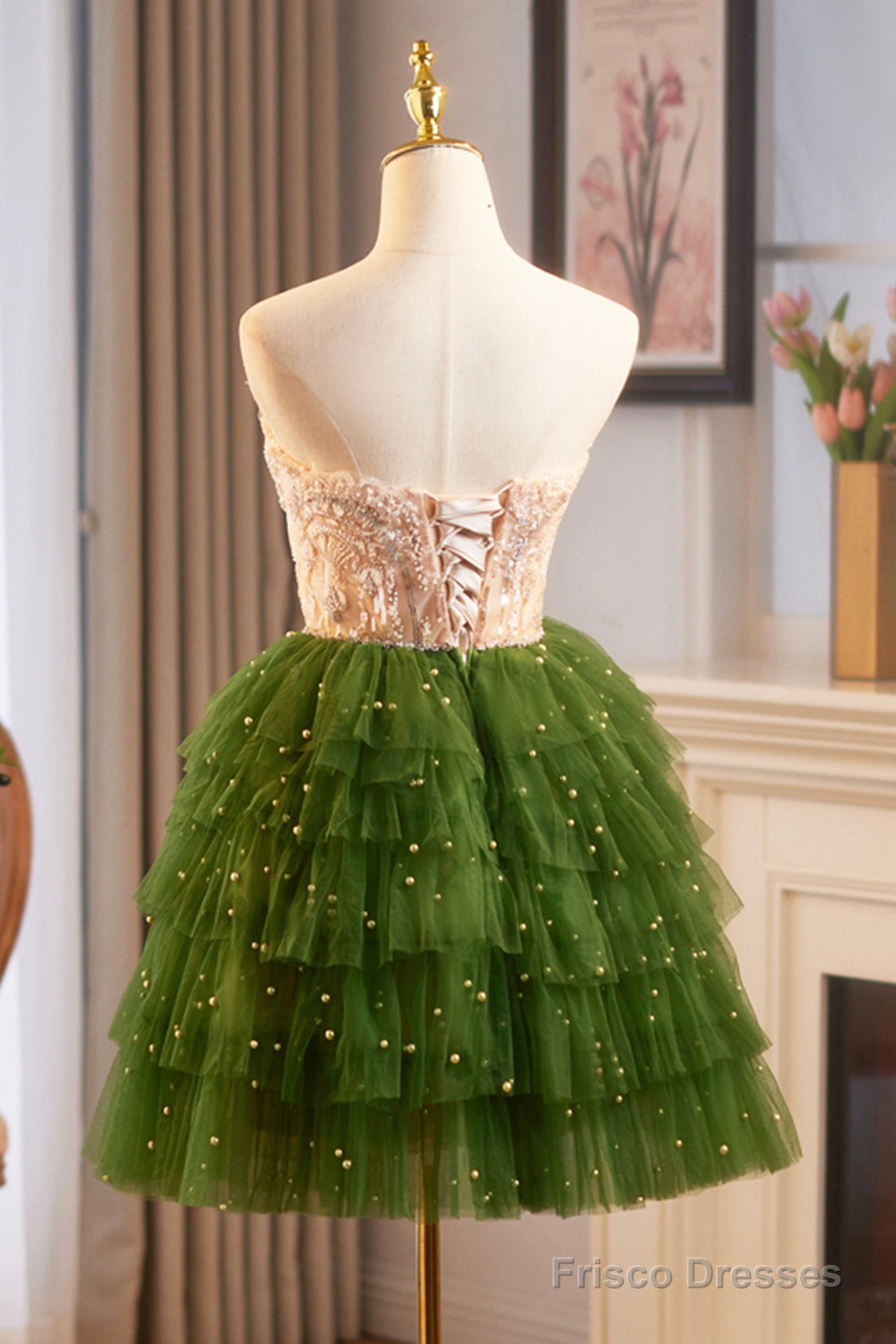 Green A-Line Tulle Sequins Knee Length Party Dress, Lovely Strapless Prom Evening Dress Secondary image