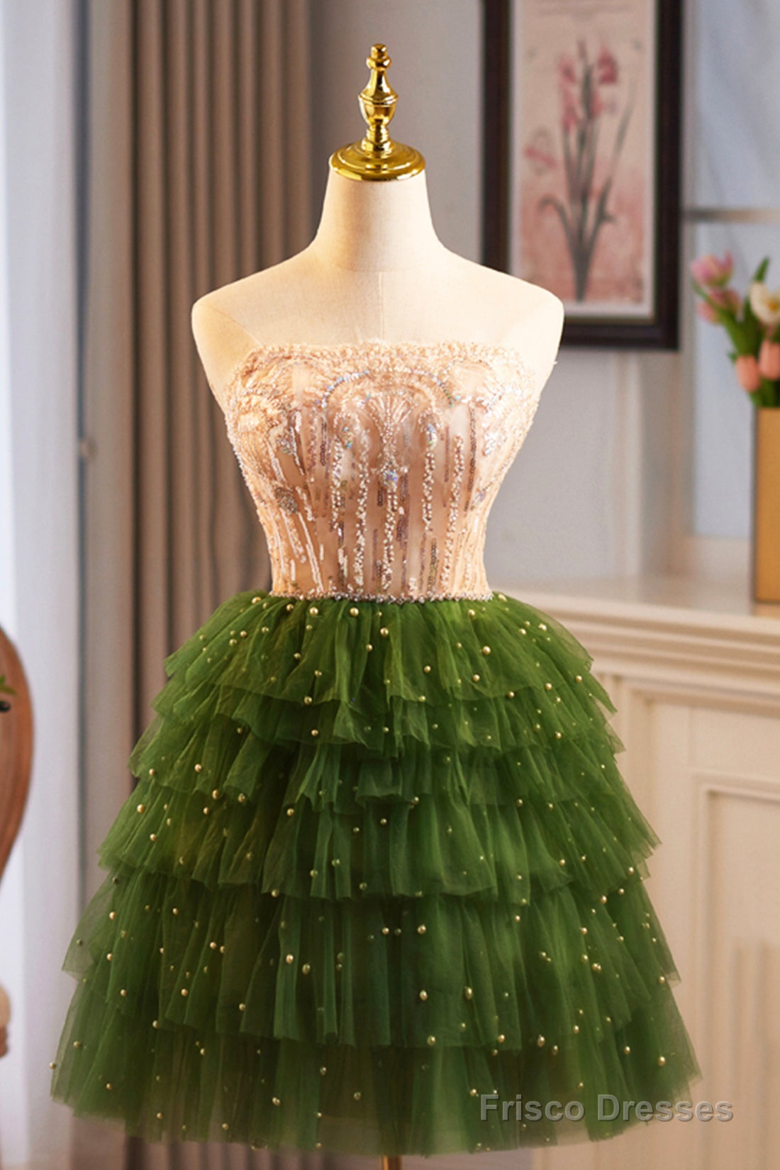 Green A-Line Tulle Sequins Knee Length Party Dress, Lovely Strapless Prom Evening Dress Main image