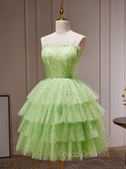 Green A-Line Tulle Short Formal Prom Dress, Green Homecoming Dress