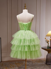 Green A-Line Tulle Short Formal Prom Dress, Green Homecoming Dress
