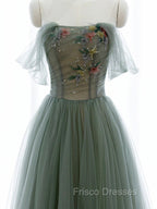 Green A-line Tulle with Lace Applique Long Formal Dress, Green Formal Prom Dress