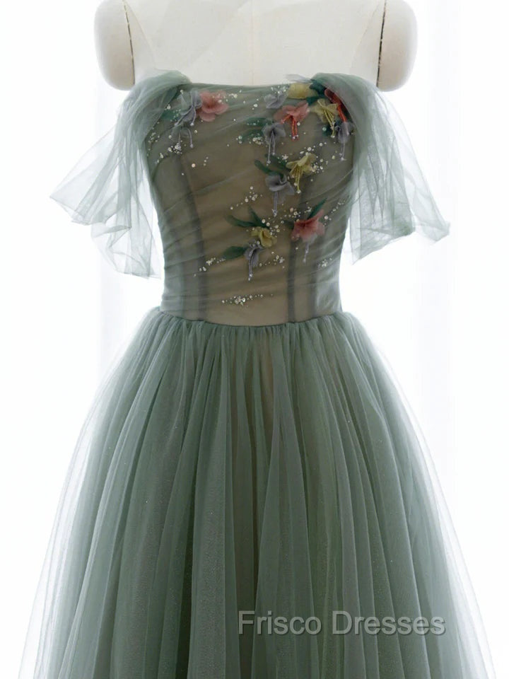 Green A-line Tulle with Lace Applique Long Formal Dress, Green Formal Prom Dress