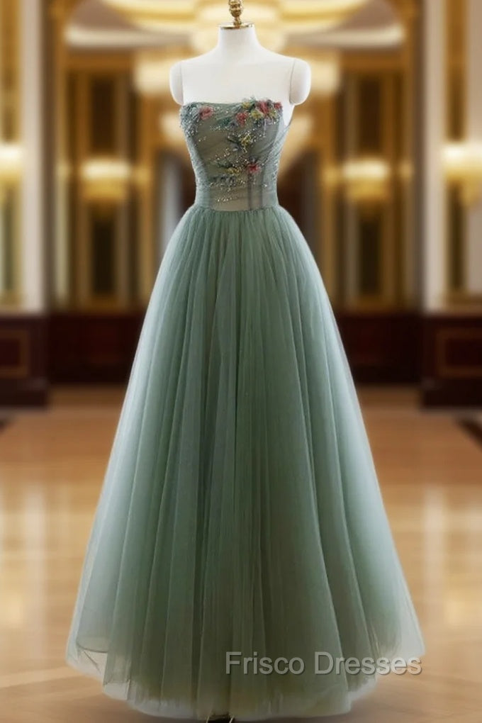 Green A-line Tulle with Lace Applique Long Formal Dress, Green Formal Prom Dress Main image