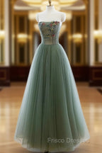 Green A-line Tulle with Lace Applique Long Formal Dress, Green Formal Prom Dress