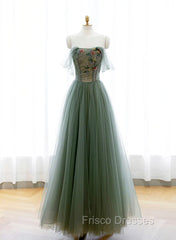 Green A-line Tulle with Lace Applique Long Formal Dress, Green Formal Prom Dress