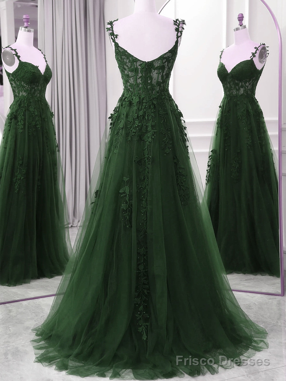 Green A-Line Tulle With Lace Straps Floor Length Party Dress, Green Tulle Prom Dress Secondary image