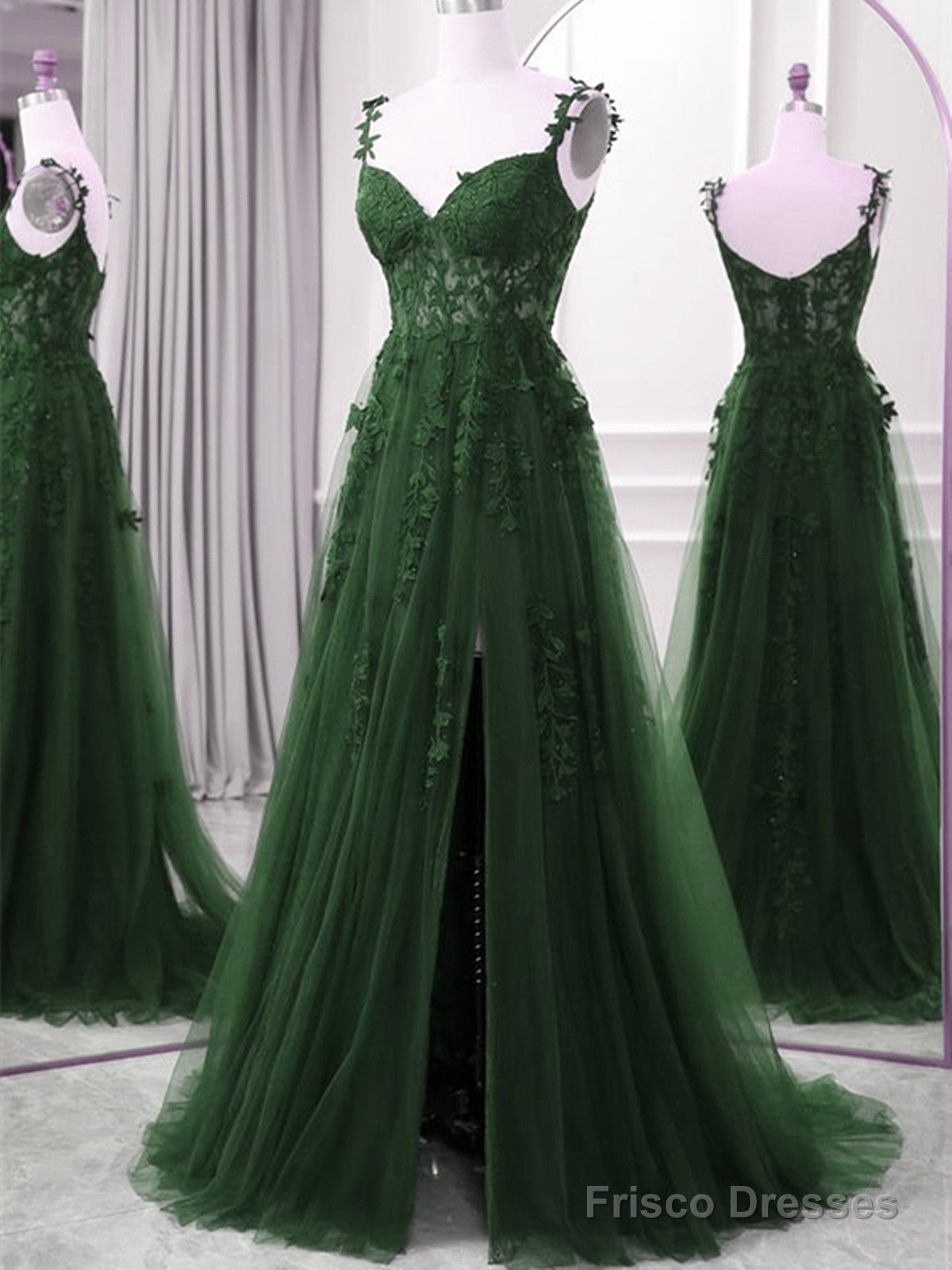 Green A-Line Tulle With Lace Straps Floor Length Party Dress, Green Tulle Prom Dress Main image