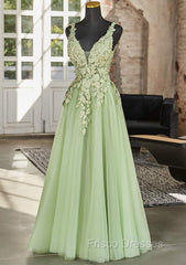 Green A-line V-neckline Tulle with Lace Long Party Dress, Green Tulle Formal Prom Dress