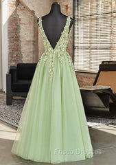 Green A-line V-neckline Tulle with Lace Long Party Dress, Green Tulle Formal Prom Dress