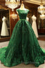 Green Ball Gown Lace Sequins Backless Cap Sleeve Formal Prom Dress