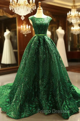 Green Ball Gown Lace Sequins Backless Cap Sleeve Formal Prom Dress
