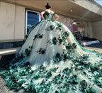 Green Ball Gown Off Shoulder 3D Flowers Beads Applique Quinceanera Dress