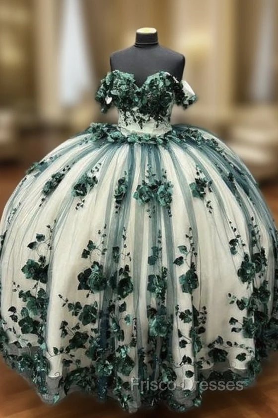Green Ball Gown Off Shoulder 3D Flowers Beads Applique Quinceanera Dress Main image