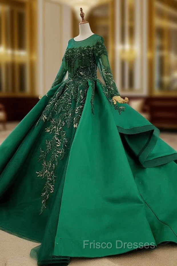 Green Ball Gown Satin Long Sleeve Beading Sequins Appliques Wedding Dress Main image