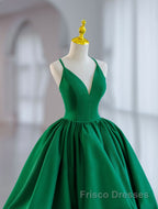 Green Ball Gown Satin Short Formal Prom Dresses, Green Satin Evening Dresses