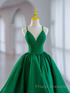 Green Ball Gown Satin Short Formal Prom Dresses, Green Satin Evening Dresses
