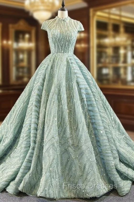 Green Ball Gown Sequins Cap Sleeve Backless Luxury Formal Prom Dress