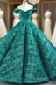 Green Ball Gown Sequins Off the Shoulder Floor Length Formal Prom Dress