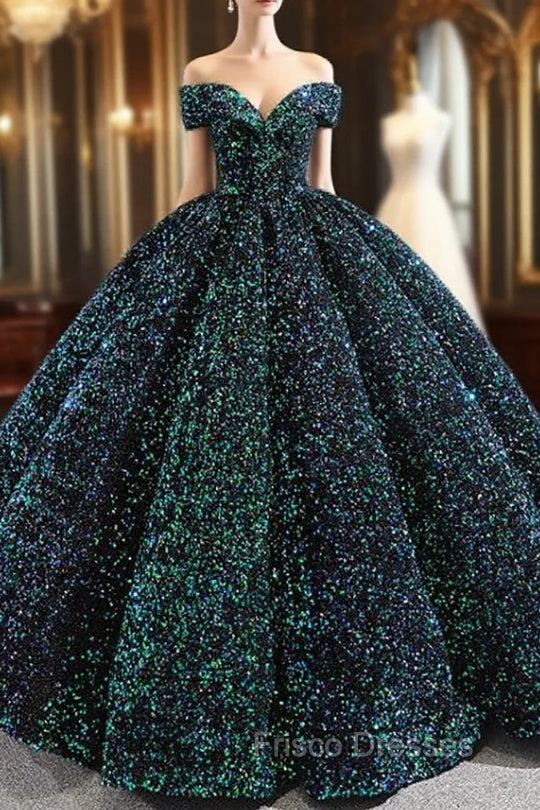 Green Ball Gown Sequins Off the Shoulder Luxury Formal Prom Dress