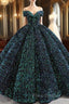 Green Ball Gown Sequins Off the Shoulder Luxury Formal Prom Dress
