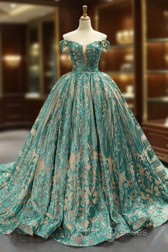Green Ball Gown Sequins Off The Shoulder Wedding Dress With Train Main image