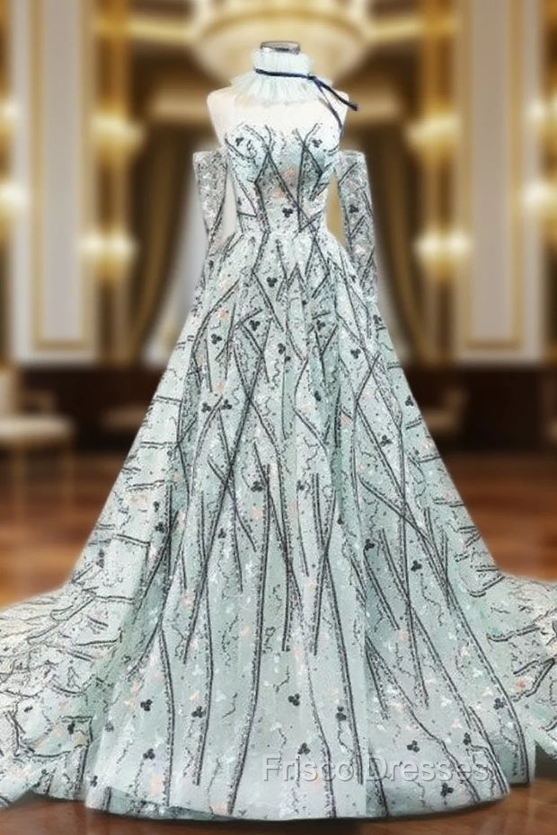 Green Ball Gown Sequins Sweetheart Long Sleeve Embroidery Formal Prom Dress