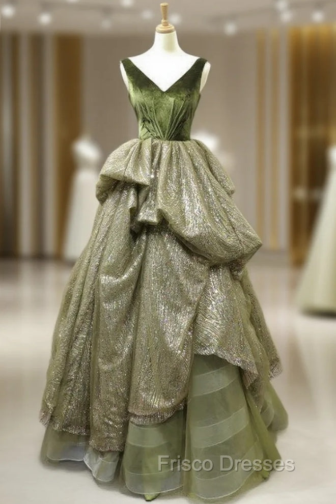 Green Ball Gown Sequins V-neck Backless Luxury Formal Prom Dress