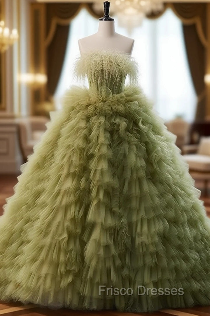 Green Ball Gown Tulle Feather Tiers Princess Dress