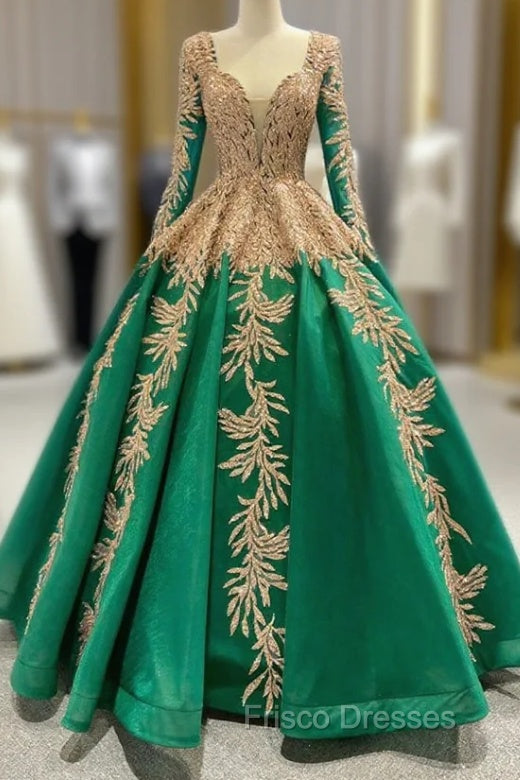 Green Ball Gown Tulle Gold Sequins Appliques V-neck Formal Prom Dress Main image