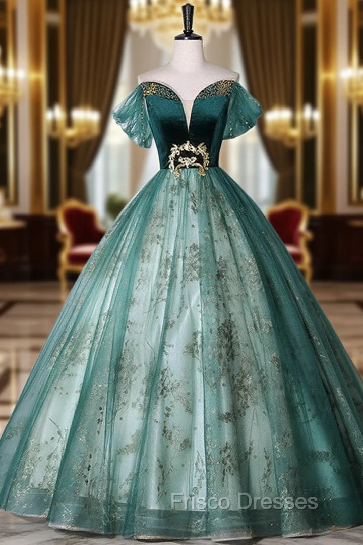 Green Ball Gown Tulle Off Shoulder Sweet 16 Dress Green Evening Dress Formal Prom Dress shops