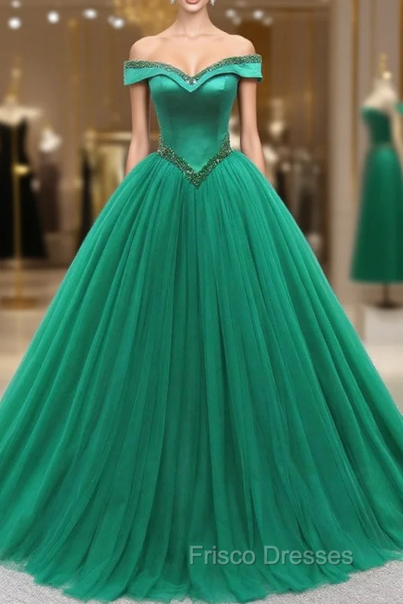 Green Ball Gown Tulle Off the Shoulder Beading Formal Prom Dress