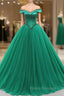 Green Ball Gown Tulle Off the Shoulder Beading Formal Prom Dress