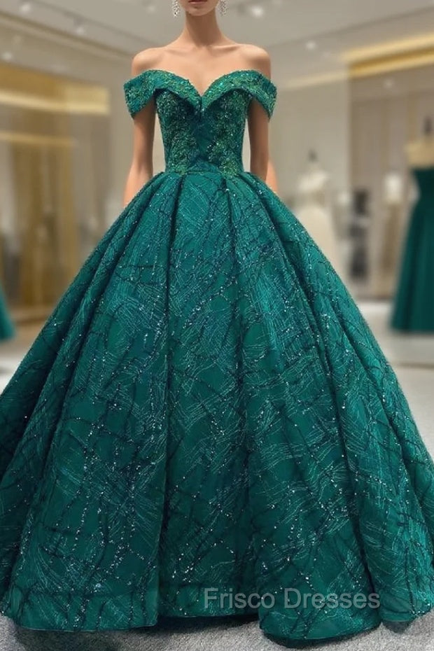 Green Ball Gown Tulle Sequins Appliques Formal Prom Dress