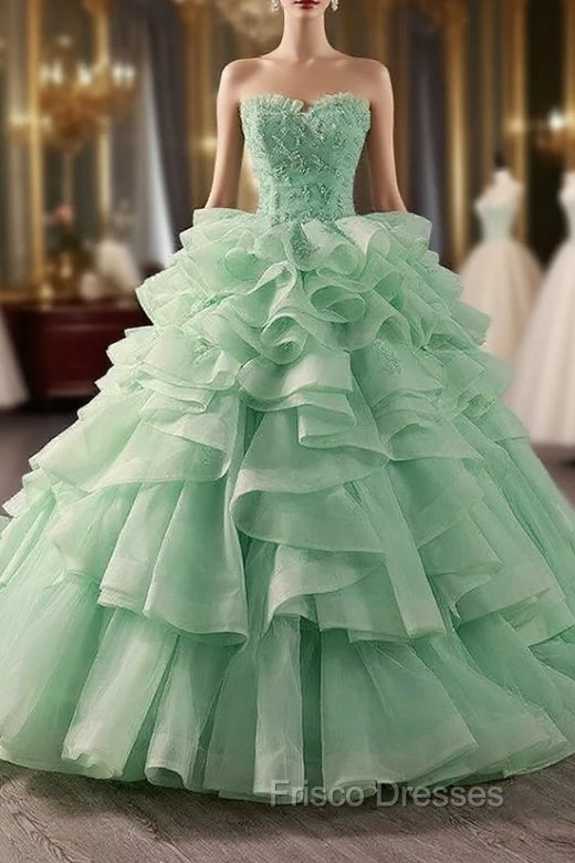 Green Ball Gown Tulle Strapless Tiers Formal Prom Dress Main image