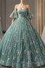 Green Ball Gown Tulle Straps Appliques Quinceanera Dress