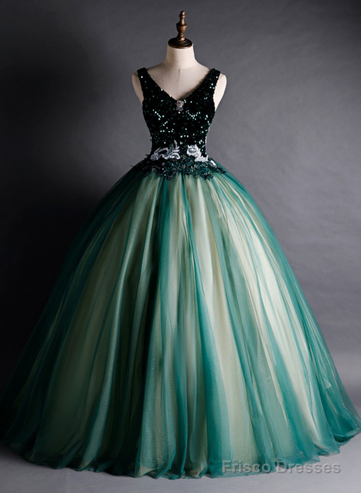 Green Ball Gown V-Neckline Sequins Long Formal Dress, Green Sequins Prom Dress Main image