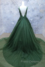 Green Beaded and Lace V-neckline Low Back Long Party Dress, Green Evening Dress Party Dress
